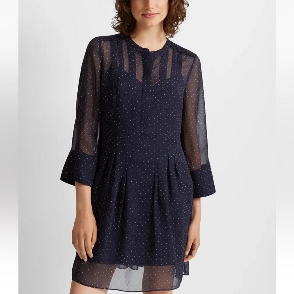 Club Monaco Pintuck Silk Dress Navy Dot Officecore Mod Sheer Preppy Classic 8